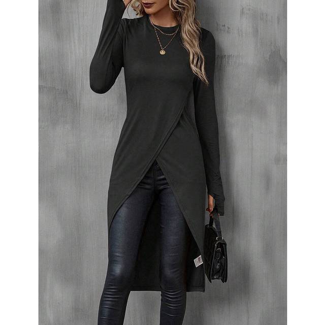 (Black, S) Women's T-Shirts Autumn French Decent Plain Long Sleeve Crew Neck Wrap Long High Street T-Shirts