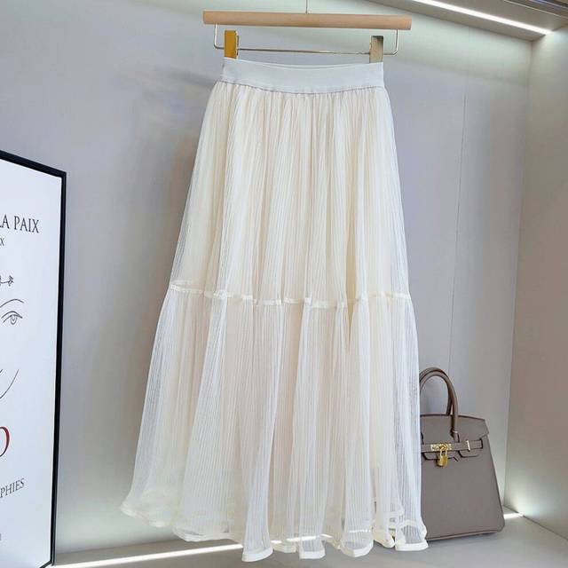 (Apricot, Universal Code) Moonlight Gauze Skirt Pleated A-line High-waisted Skirt Spring And Summer Slim And Big Posing Fairy Mid-length Mesh Skirt