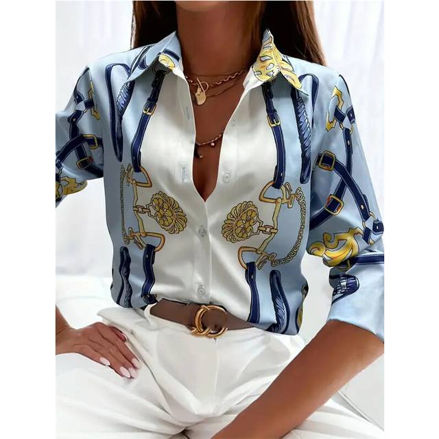 (B25SLTH2461415053, XL) Boutique Pattern Printed Button Long Sleeve Women's Shirt Vintage Elegant Office Fashion Large Size Women's Daily Lapel Shirt