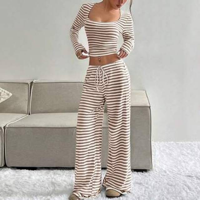 Flirla Women&#39;s Striped Minimalist Long Sleeve Top And Tie Front Wide Leg Pants Casual 2 Pieces Outfit
