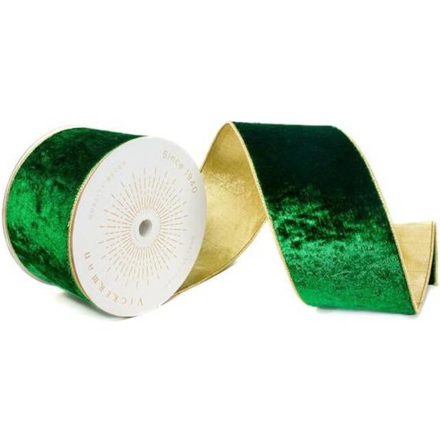 Vickerman QK241955 4 in. x 10 Yards Emerald Shiny Velvet Gold Trim Wired Ribbon