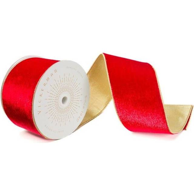 Vickerman QK241175 4 in. x 10 Yards Red Shiny Velvet Gold Trim Wired Ribbon