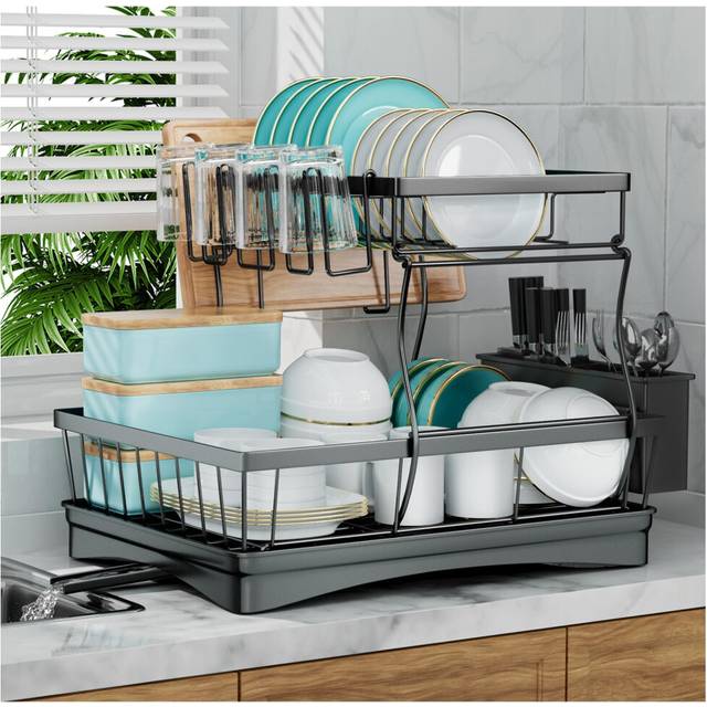 7 code Large Dish Drying Rack for Kitchen Counter,Detachable Large Capacity Dish Drainer Organizer with Utensil Holder,2-Tier Dish Drying Rack with