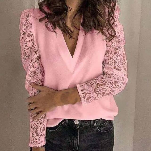 (Pink changxiu, XXL) Women Lace Patchwork Blouse Spring Autumn V Neck Short&Long Sleeve Slim Blouse Shirts FYY-5090