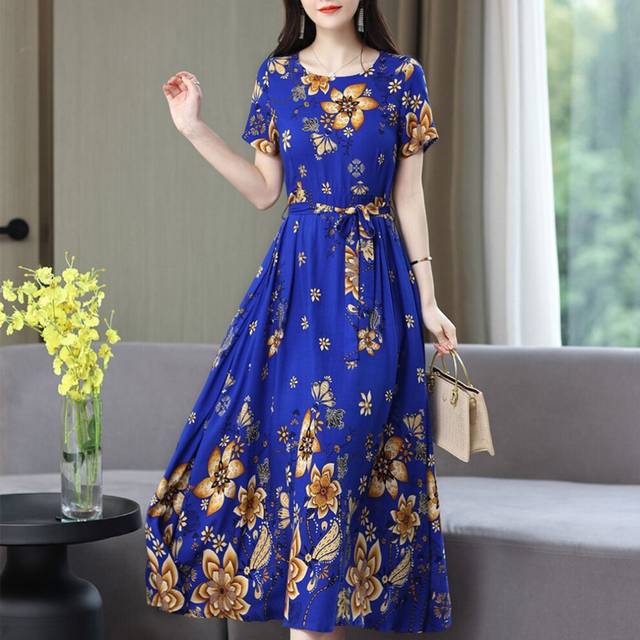 (No. 9 Color 1817, 2XL) High-end Cotton Silk Dress In Summer Fashion Outside Wearing A Pocket Printed Long Skirt For Mothers To Make Them Look Thin