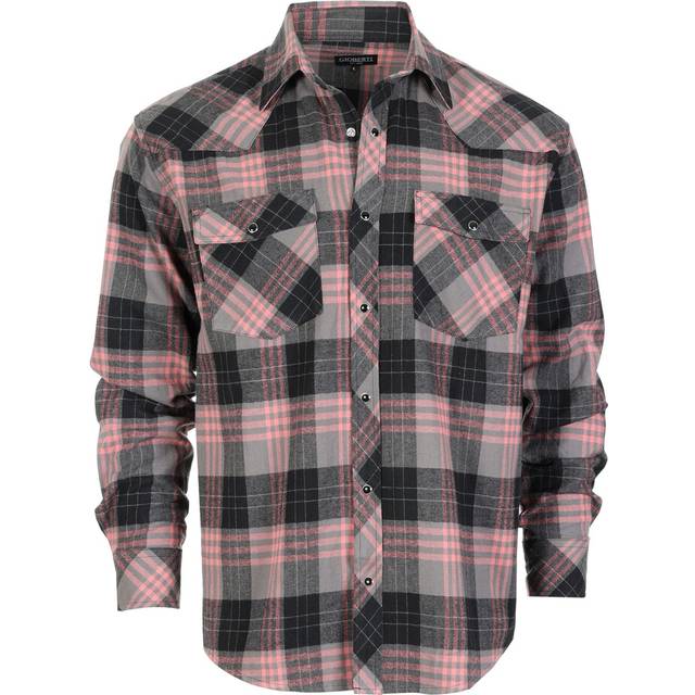 Gioberti Men 100% Cotton Western Flannel Plaid Shirt w/Snap-on Button  Black/Gray/Coral  Medium