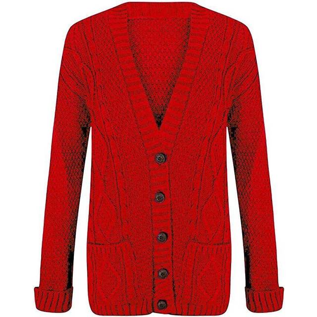 (Red, 8-10) Womens Ladies Chunky Cable Knit Cardigan Button Long Sleeves Grandad Cardigans