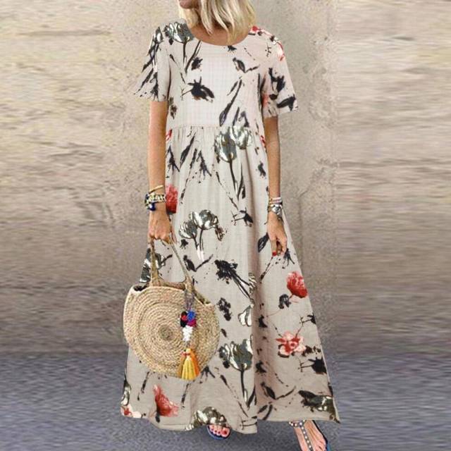 (beige, XL) ZANZEA Women's Vintage Print Summer Dress