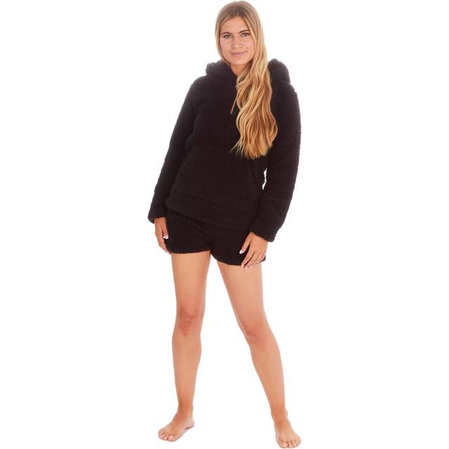 (Black, Large) Ladies Womens Top Shorts Bottoms Hoodie Pyjama Pajama Pjs Set Lounge Loungewear Nightwear Sleepwear Size S M L Xl 8 10 12 14 16 18 20 2