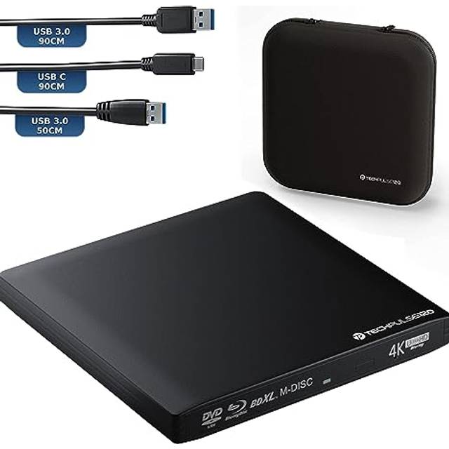 techPulse120 Extern UltraHD UHD 4k 3D M-DISC BDXL HDR10 100 GB USB 3.0 & USB-C enhet Bluray Brenner Superdrive UltraSlim BD DVD Ultra Paket väska 90 cm anslutningskabel aluminium svart