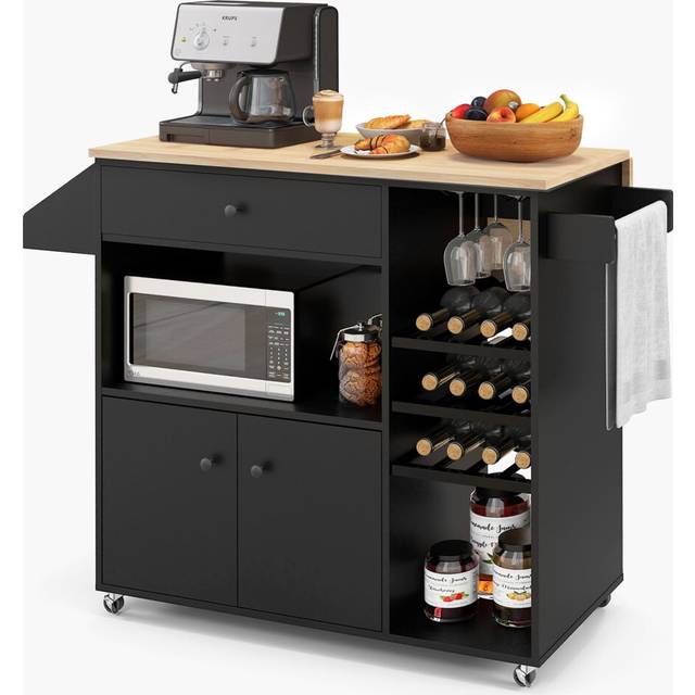 Drop Leaf Kitchen Island Cart Mobile Buffet Serving Cart-Black