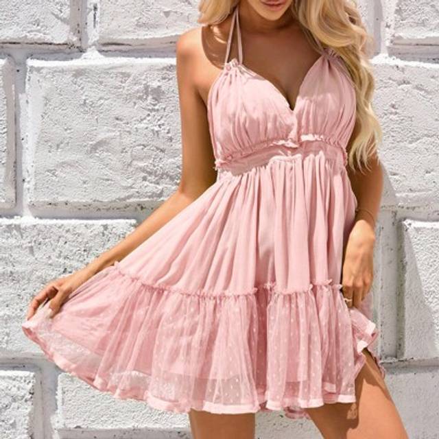 SHEIN Open Back Layered Halter Babydoll Dress Vacation Outfits WomanÂ