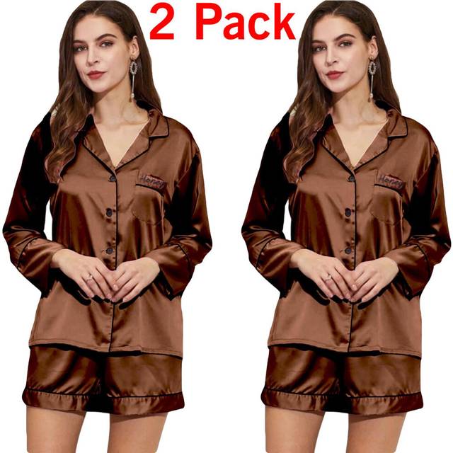 (Brown - 2 Pack, M) 2 Pack Womens Satin Pyjamas Silk Nightwear PJs Set