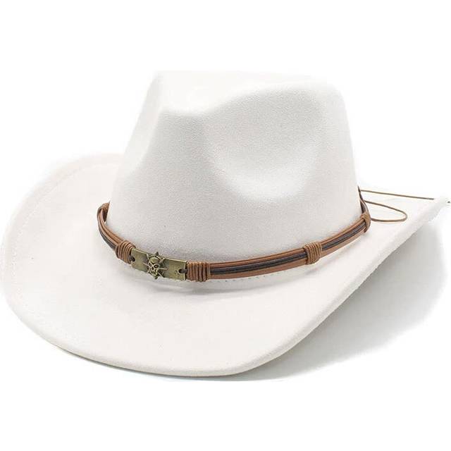 Elosung Milky White Unisex Faux Suede Western Cowboy Hat Wide Brim Fedora For Outdoor Travelm(57 58Cm) Hats