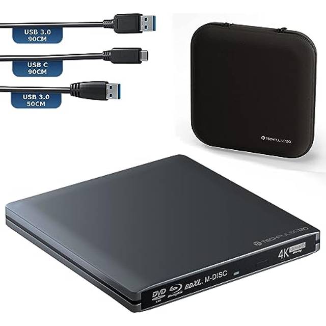 techPulse120 Extern UltraHD UHD 4k 3D M-DISC BDXL HDR10 100 GB USB 3.0 & USB-C enhet Bluray Brenner Superdrive UltraSlim BD DVD Ultra Paket väska 90 cm anslutningskabel aluminium grå