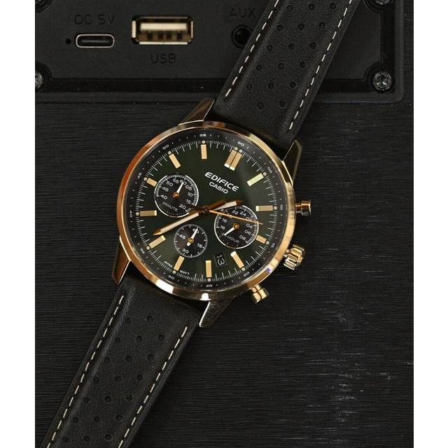 Casio Edifice Analog Chronograph Leather Strap Green Dial Quartz EFR-575CL-3A 100M Men's Watch