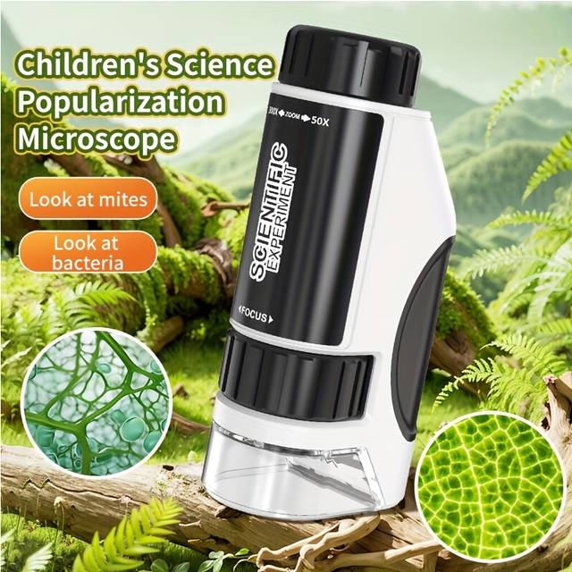 (Black And White) Portable Handheld Mini Microscope with LED Light - 50X-300X Zoom, Durable ABS Material