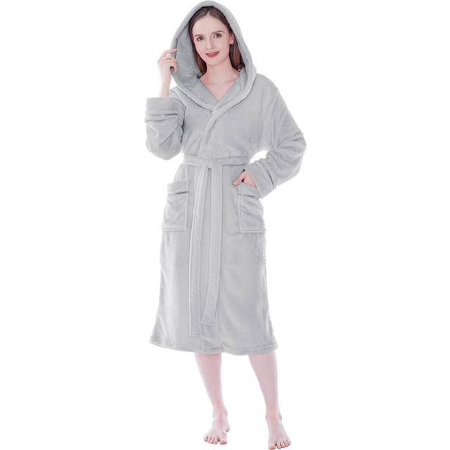 PAVILIA Plush Hooded Robe For Women | Light Grey  Fluffy Soft Bathrobe With Hood | Fuzzy Warm Spa Robe  Cozy Fleece Long Robe | Satin Trim  Large-X-La