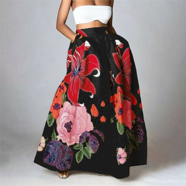 (Black, XL) Women's Skirts Bohemian Floral Loose High Waist Holiday Big Sway Pocket Skirt Women