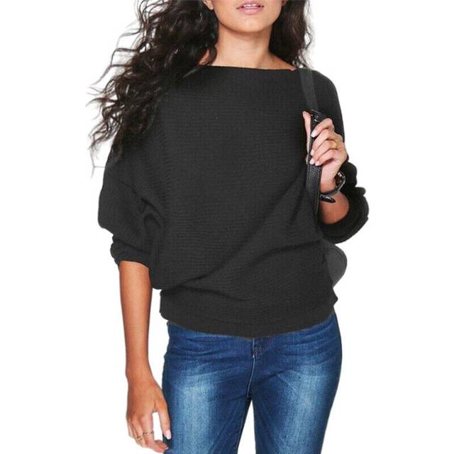 (Black, M) Womens Batwing Sleeve Knitted Thin Sweater Ladies Casual Baggy Solid Jumper Tops