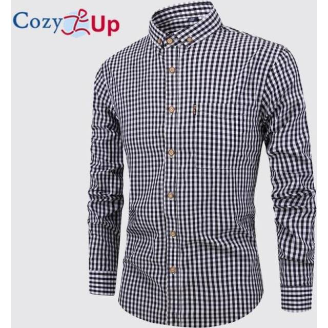 (black, S) Cozy Up Men Plaid Cotton Casual Slim Fit Long Sleeve Button Down Dress Shirts
