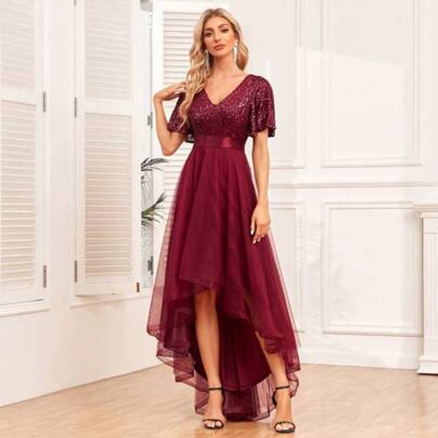 SHEIN V-Neck Contrast Sequin High Low Hem Mesh Cocktail Women Dress,Formal Wedding Guest Gown, For Graduation, Dinner Party Dress Evening Dress
