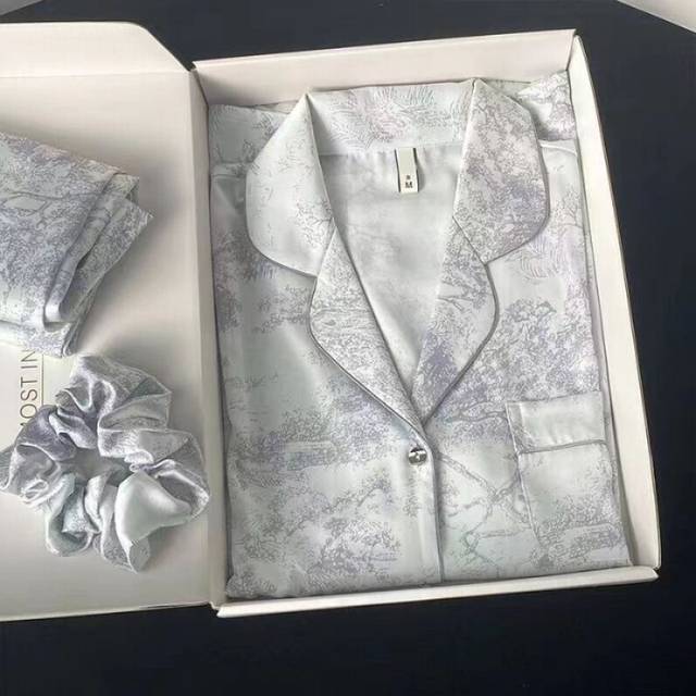 (Ink Painting Gray, M) Long Sleeve Pajamas Set Ice Silk Nightwear Women's Loose Homewear Print Shirt&pants Trousers Suit 2Pcs Pyjamas Soft Sleepwear