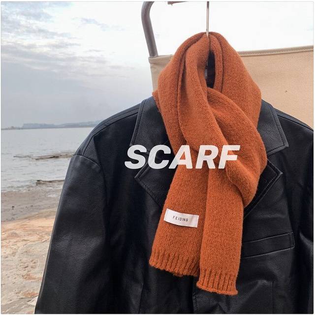 (Pumpkin Orange) Winter women's scarf solid color flat knitted wool versatile couple fashion thick warm neck scarf