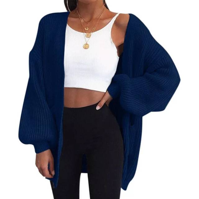 (Royal, One size 8-22) UK Womens Chunky Knitted Oversized Cardigan Ladies Balloon Sleeve Short Cardigan
