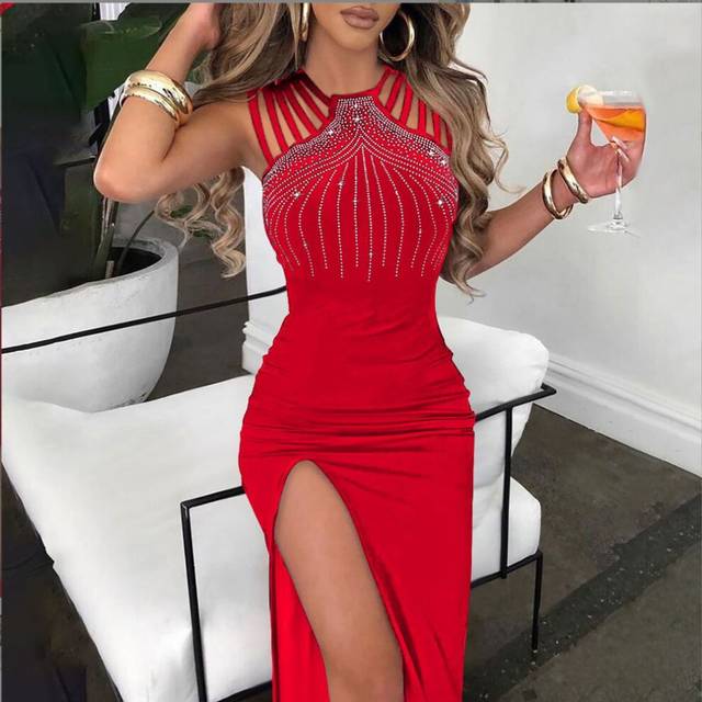 (Red, S) Women's Temperament Hot Diamond Slit Hip-packing Dress Nightclub Dinner Dress