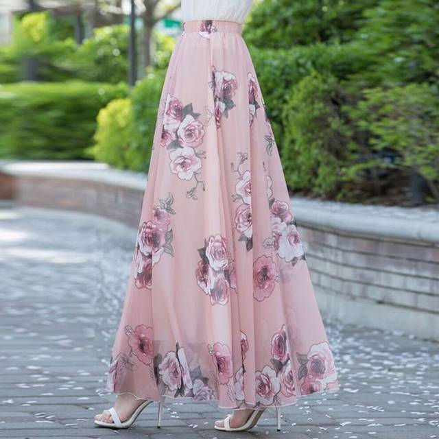 (Warm And Free Color No. 9, 2XL) Chiffon Skirt Mid-length High-waisted Slim Long Skirt Retro Big Hem Skirt A-line Dancing Long Skirt Temperament Beach