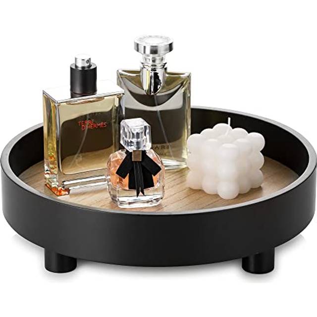 Hanobe Round Decorative Vanity Tray: Bathroom Perfume Trays Circle Pedestal Stand Wood Riser for Display Decor Dresser, Black