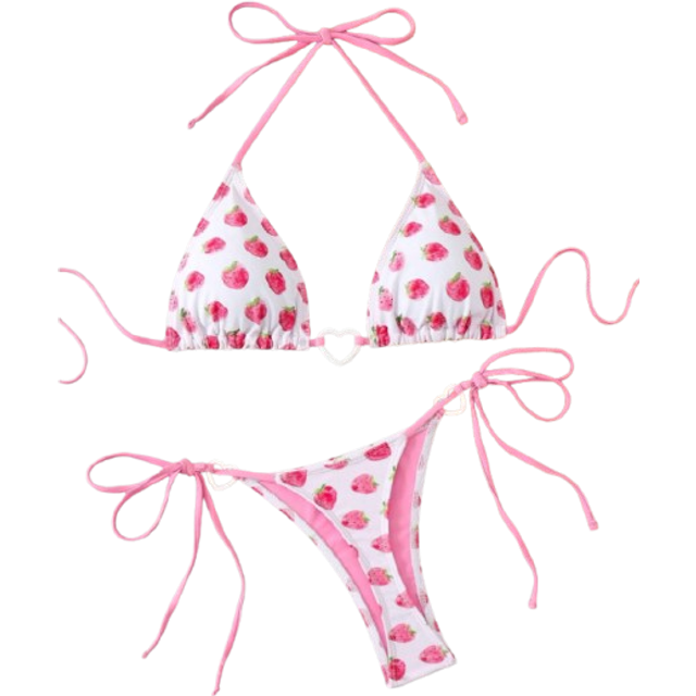 Bikinx Women&#39;s Summer Beach Strawberry Print Triangle Cup Tie-Up Halter Bikini Set