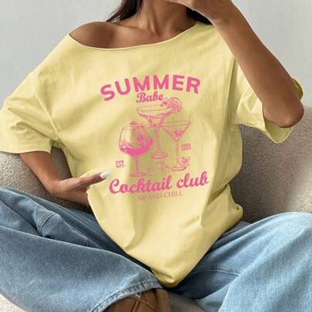 Flirla Women&#39;s Loose Fit Asymmetric Neck Cocktail Pink & Yellow Floral Print Oversized T-Shirt, Summer