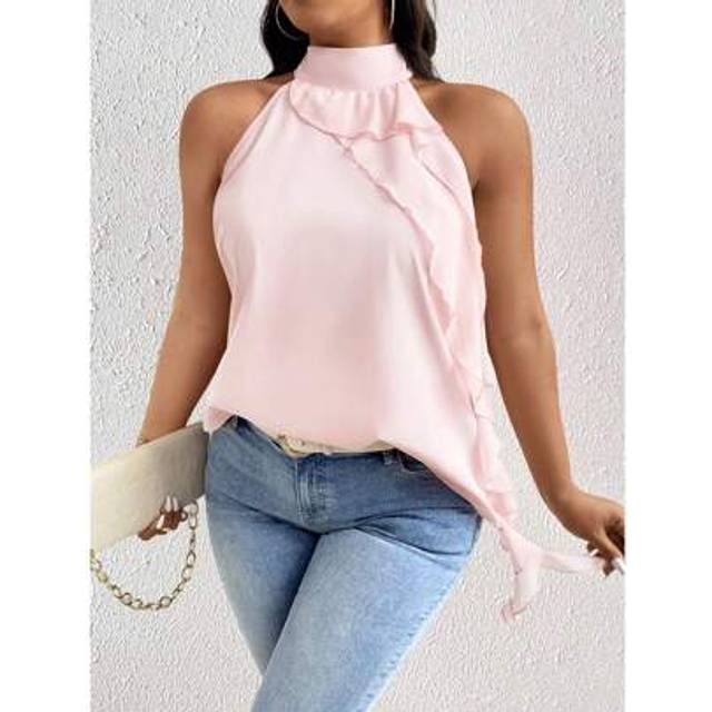 SHEIN Plus Size Women&#39;s Loose Elegant Sleeveless Blouse With Pleated Hem, Suitable For Dates And Commuting, Asymmetric Hemline