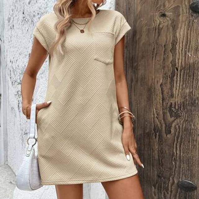 Sommar Casual Rundhalsad Dolman Sleeve Pocket Textured Stickat Tyg Vacation Dress - Kaki (L,M,S,XL)