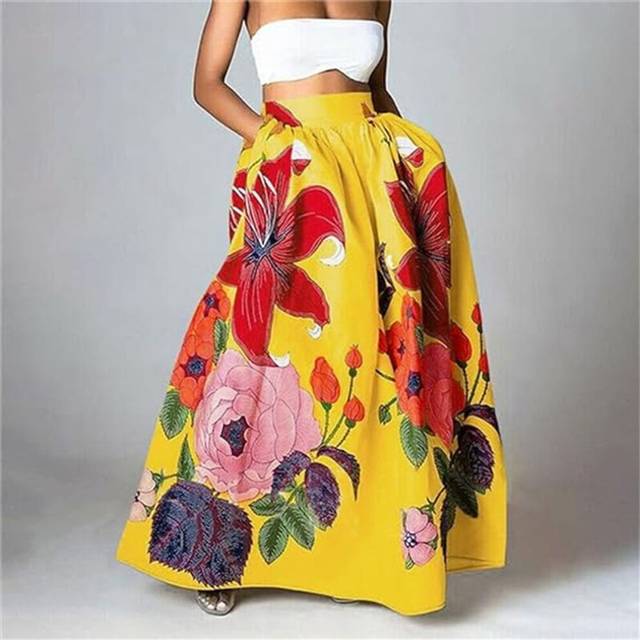 (Yellow, XL) Women's Skirts Bohemian Floral Loose High Waist Holiday Big Sway Pocket Skirt Women