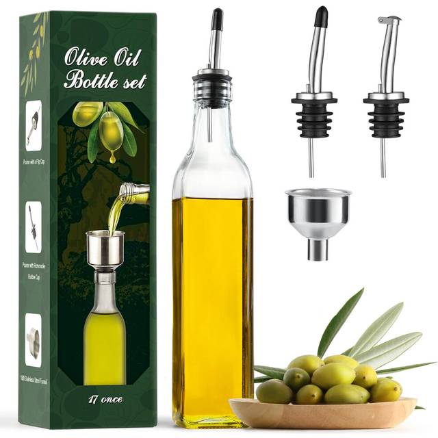 AOZITA 17oz Glass Olive Oil Dispenser Bottle - 500ml Clear -Oil & Vinegar Cruet with Pourers and Funnel - Olive Oil Carafe Decanter for Kitchen