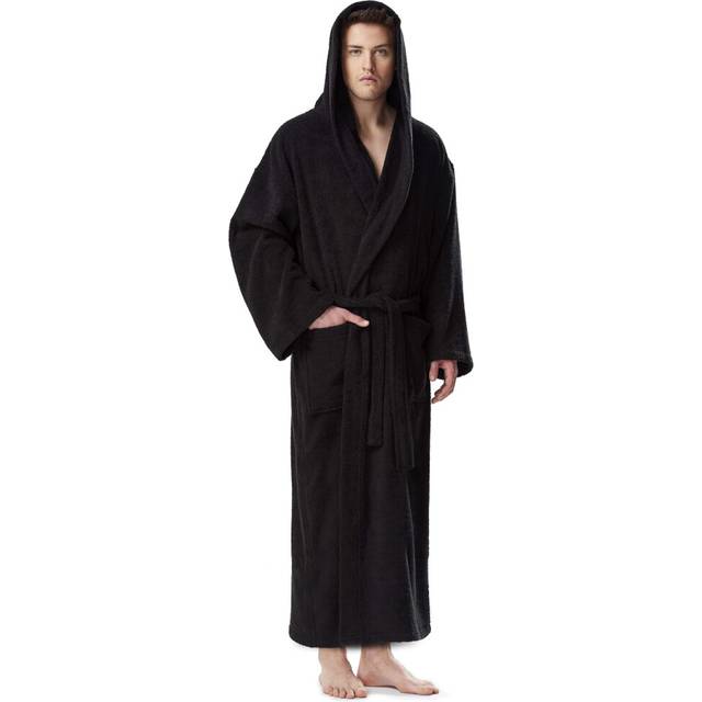 Arus Men's Hooded Classic Bathrobe Turkish Cotton Robe with Full Length Options  Black Small-Medium