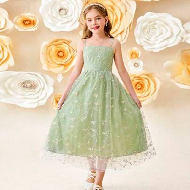 Tween Girl Elegant Ljusgrön Blommor Broderi Splicing Mesh Cami Midi Klänning (8Y,9Y,10Y,11Y,12Y)