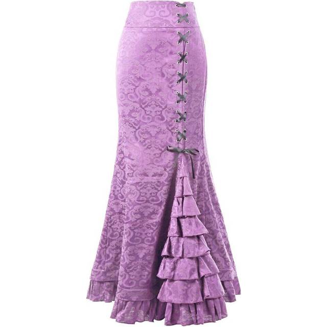 (Light Purple, S) Skirts For Women's Gothic Dark Skirts Jacquard Long Skirts Subculture Lace-up Hip Fishtail Skirt