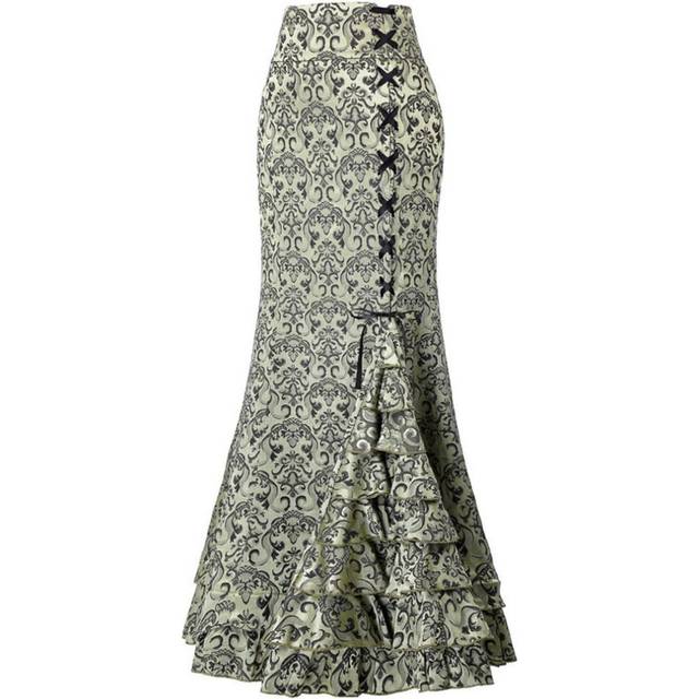 (Gray Green, XL) Skirts For Women's Gothic Dark Skirts Jacquard Long Skirts Subculture Lace-up Hip Fishtail Skirt