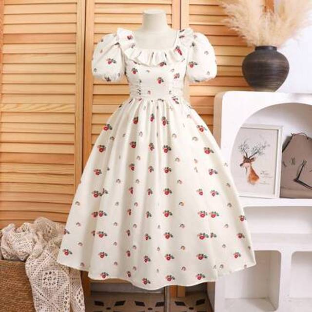 SHEIN Tween Girls Square Neck, Puff Sleeves, Waist Tie, Floral Print Dress, French Fairy Dress,French Pastoral Style