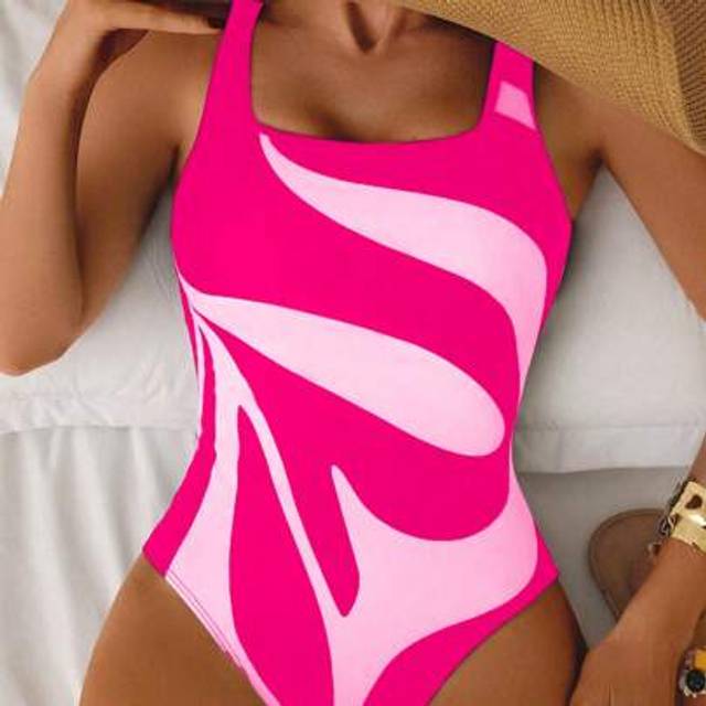 SHEIN Women 1-Piece Backless Printed Swimsuit, Black And White Floral Pattern, Fashionable, Elegant And Casual Beach Outfit