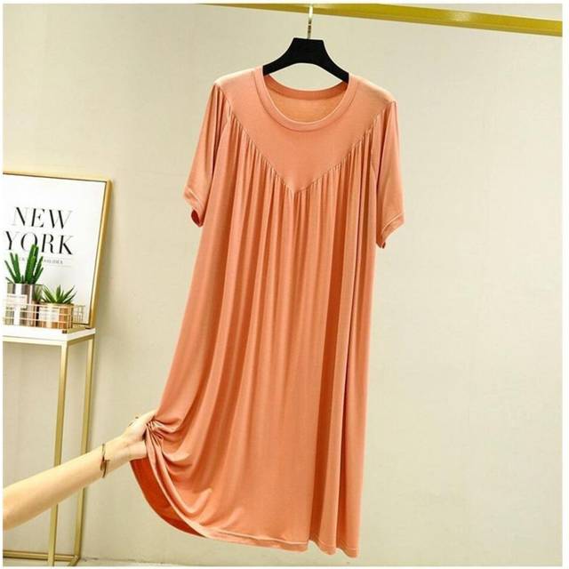 (Orange, 2XL) Summer Korean Mid-length Dress For Women Loose Versatile Short-sleeved Round Neck Nightgown Solid Color Skirt For Women