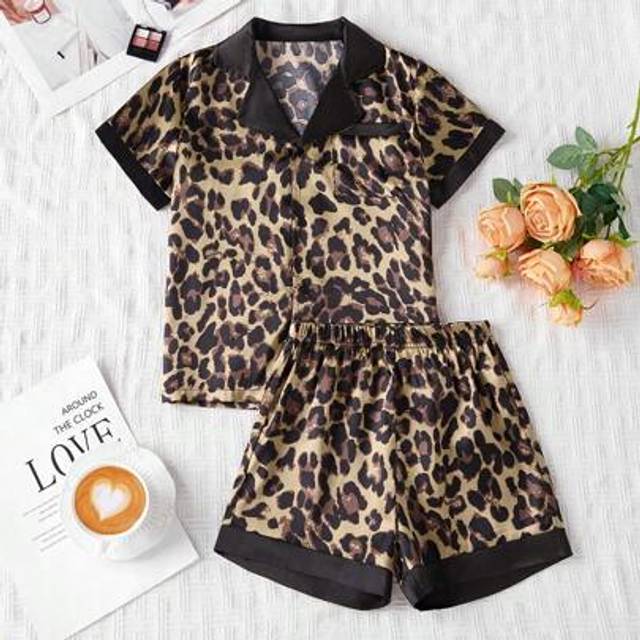 SHEIN Fashion Tween Girl Leopard Print Satin Pajama Set Two Pieces - Luxurious Long Sleeved Button Up Short Sleeved Top And Shorts - Soft Sleepwear For A Co