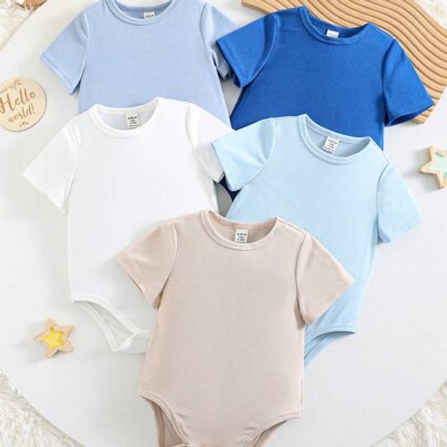 SHEIN 5pcs/Set Newborn Baby Boy/Girl Blue Short Sleeve Summer Soft Round Neck Sleeveless Rompers, Multipurpose For Casual, Indoor And Outdoor, Versatile