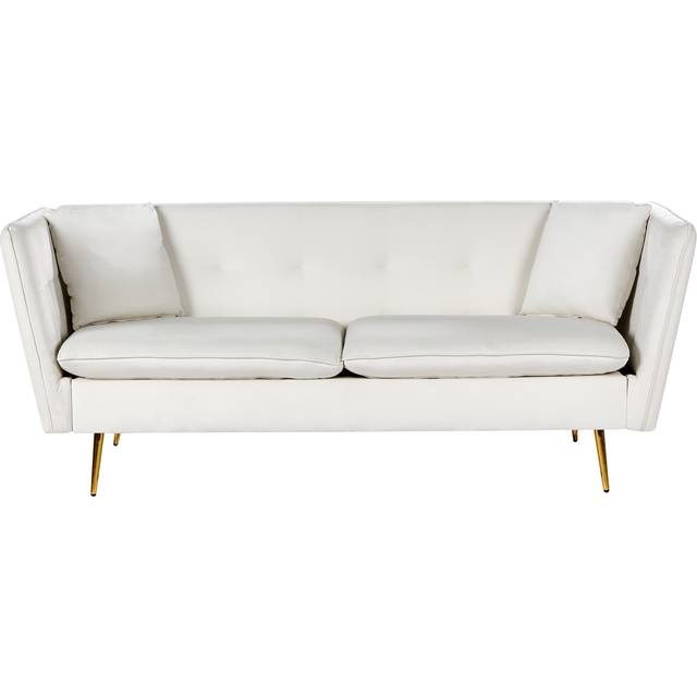 Velvet 3 Seater Sofa Button Tufted Gold Legs with 2 Pillows White Frederica