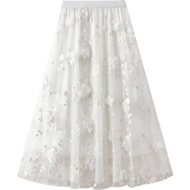 (White, Universal Code) Mesh Embroidery Heavy Industry Skirt Large Size Tulle Skirt Spring A-line Literary High Waist Long Skirt 8692