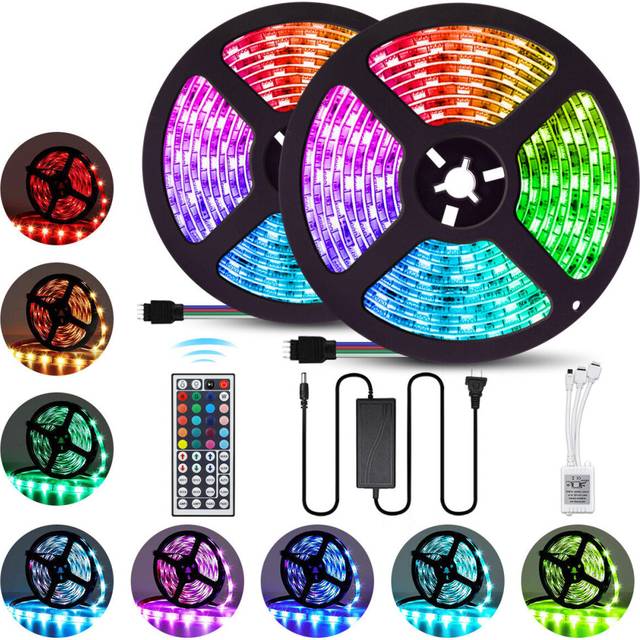 (EU Plug) 2PCS 5M LED Strip Light IP65 5050 RGB Flexible TV Backlight DC12V With 44Keys Remote Control + Power Adapter